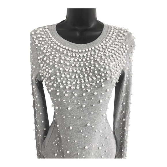 Stunning pearl embellished beaded gray long sleeve sweater top size‎ large new - Picture 9 of 15